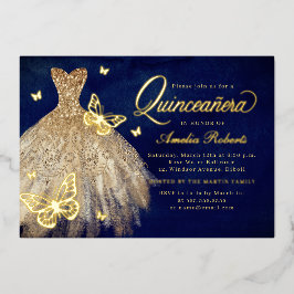 Gold Navy Butterfly Dress Quinceanera Foil Invita Folieneinladung