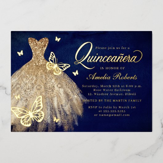 Gold Navy Butterfly Dress Quinceanera Foil Invita Folieneinladung (Vorderseite)