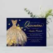 Gold Navy Butterfly Dress Quinceanera Foil Invita Folieneinladung (Stehend vorne)
