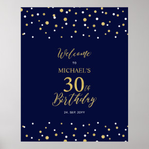 Gold & Navy Confetti 30. Geburtstag Party Willkomm Poster