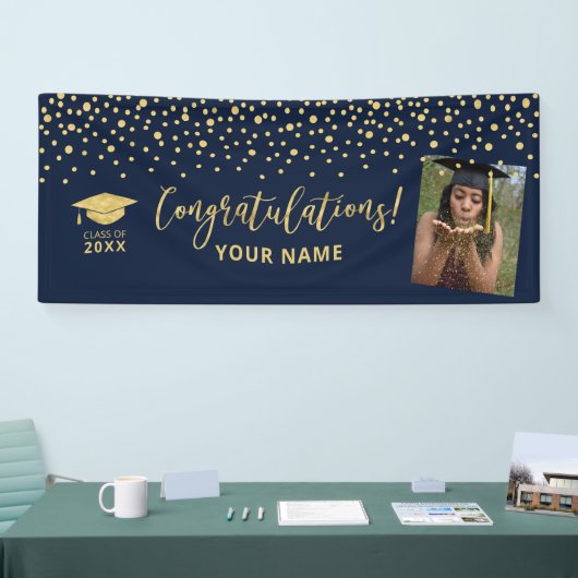 Gold & Navy Confetti Gratulation Abschluss Banner (Messe)