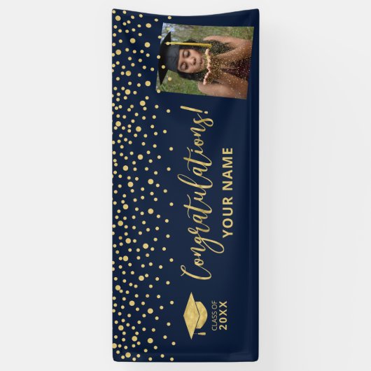 Gold & Navy Confetti Gratulation Abschluss Banner (Vertikal)