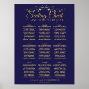 Gold & Navy Einfache 9-Tisch-Hochzeits-Sitzordnung Poster
