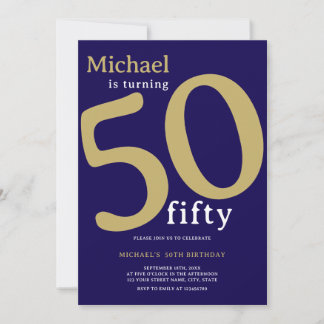 Gold Navy Elegant Moderner Mann 50 Geburtstag Einladung