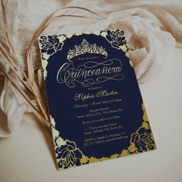 Gold Navy Elegantes Script Quinceanera Birthday Folieneinladung