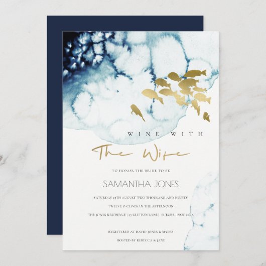 GOLD NAVY FISH WEIN MIT EHEFRAU BRAUTPARTY EINLADE DANKESKARTE (Vorne/Hinten)