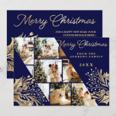 Gold Navy Frohe Weihnachten Blumenfoto Collage (Vorne/Hinten)