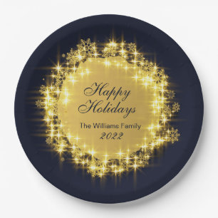 Gold Navy Glitzerlichter Feiertags-Weihnachtsfeier Pappteller