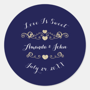 Gold Navy Hearts Save the Date Liebe ist süß Runder Aufkleber