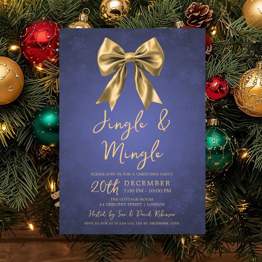 Gold Navy Jingle Mingle Christmas Party Bow Snow Einladung