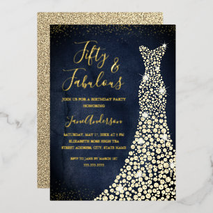Gold Navy Kleid 50 & Fabulous Birthday Foil Invita Folieneinladung