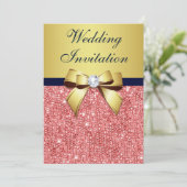 Gold Navy Korallensequenzen Diamonds Bow Wedding Einladung (Stehend Vorderseite)