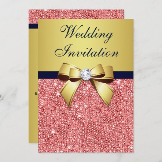 Gold Navy Korallensequenzen Diamonds Bow Wedding Einladung (Vorne/Hinten)