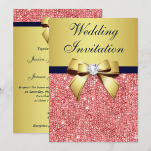 Gold Navy Korallensequenzen Diamonds Bow Wedding Einladung