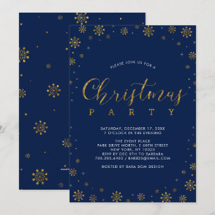 Gold & Navy Moderne Schneeblumen-Weihnachtsfeier Einladung