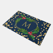 Gold Navy Monogram Frohe Weihnachts-Holly-Glitzer Fußmatte (Schrägansicht)