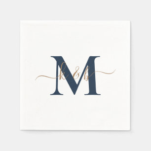 Gold & Navy Monogram Swash Script White Cocktail Serviette