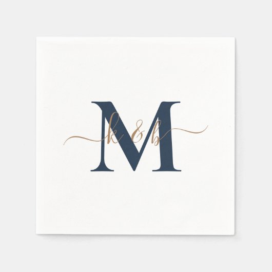 Gold & Navy Monogram Swash Script White Cocktail Serviette (Vorderseite)