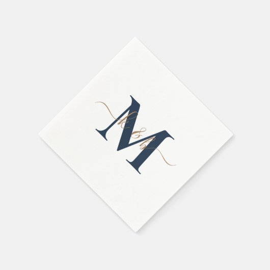 Gold & Navy Monogram Swash Script White Cocktail Serviette (Ecke)