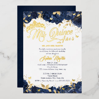 Gold Navy Rosen Mis Quince Quinceanera Folieneinladung