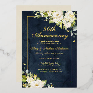 Gold Navy Schmetterling 50. Hochzeitstag Folieneinladung
