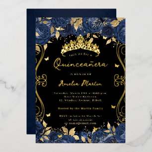 Gold Navy Schwarz Wirbel Scroll Blumen Quinceanera Folieneinladung