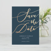Gold Navy Script Typografie Save The Date (Stehend Vorderseite)