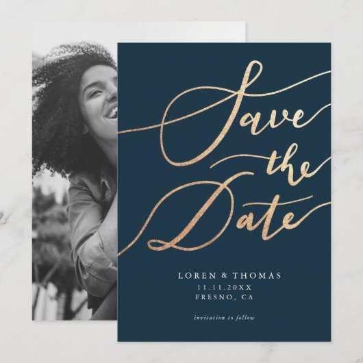 Gold Navy Script Typografie Save The Date (Vorne/Hinten)