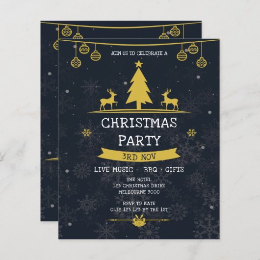 Gold Navy Snowflake Weihnachtsfeier Party Einladun (Vorne/Hinten)