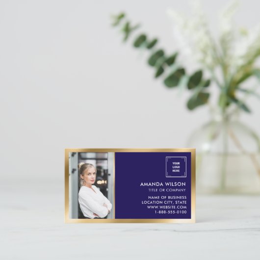 GOLD NAVY Social Media QR Code Foto und Logo Visitenkarte (Stehend Vorderseite)