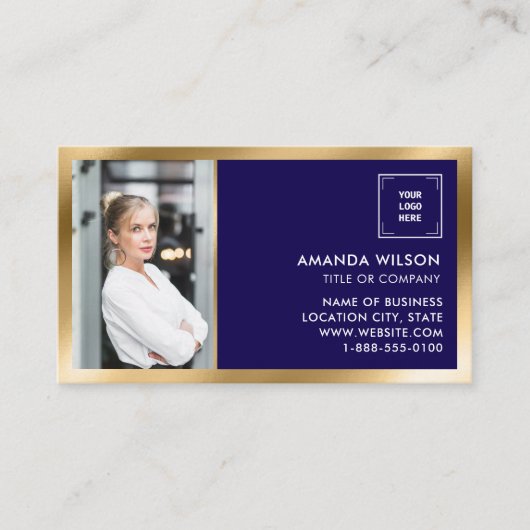 GOLD NAVY Social Media QR Code Foto und Logo Visitenkarte (Vorderseite)