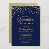 Gold Navy Sparkle Confetti Quinceanera Einladung (Vorne/Hinten)