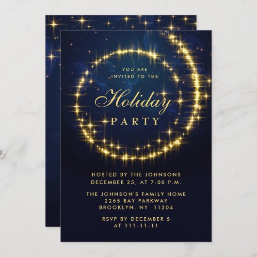 Gold Navy SparkLight Weihnachtsfeier Einladung (Vorne/Hinten)