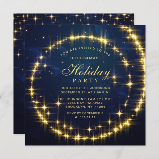 Gold Navy SparkLight Weihnachtsfeier Einladung (Vorne/Hinten)