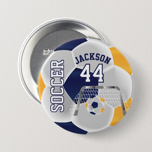 Gold, Navy und White Personalize Soccer Ball Button (Vorne & Hinten)