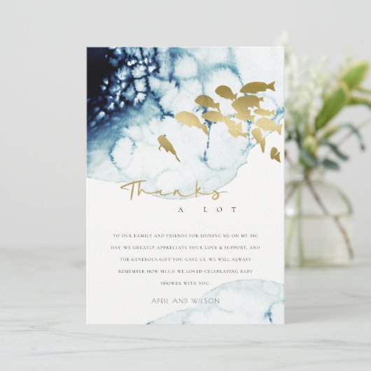 GOLD NAVY UNDERWATER SEA FISH BABY SHOWER THANKS EINLADUNG (Stehend Vorderseite)