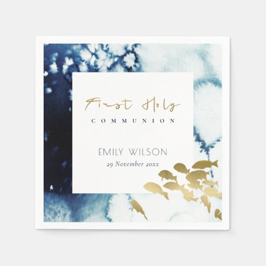 GOLD NAVY UNTERWASSERSEE FISCHEREIHOLY COMMUNION SERVIETTE (Vorderseite)