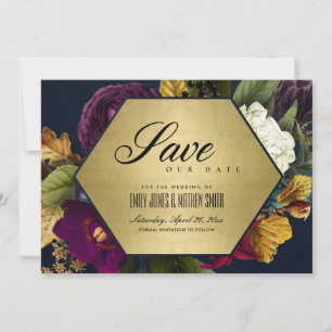 GOLD NAVY VINTAG RETRO BURGUNDY OCHRE FALL FLORAL SAVE THE DATE