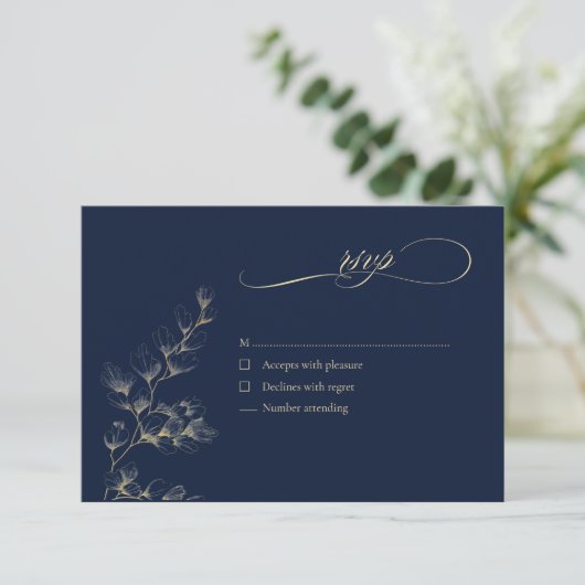 Gold & Navy Wedding RSVP Card (Stehend Vorderseite)