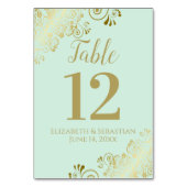 Gold & Neo Mint Green Elegant Frilly Wedding Tischnummer (Rückseite)