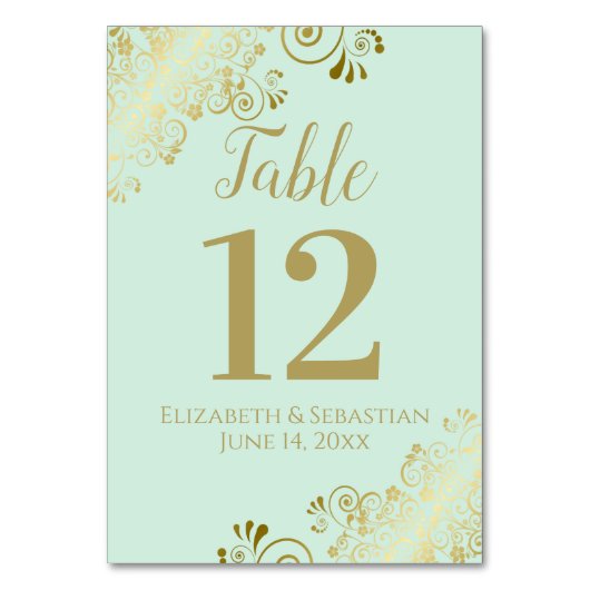 Gold & Neo Mint Green Elegant Frilly Wedding Tischnummer (Vorderseite)