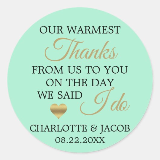 GOLD Neo MINT Wedding Herz herzlich Vielen Dank Runder Aufkleber (Vorderseite)