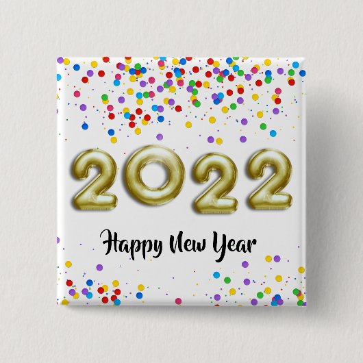 Gold New Year 2022 Balloons farbenfrohe Confetti Button (Vorderseite)