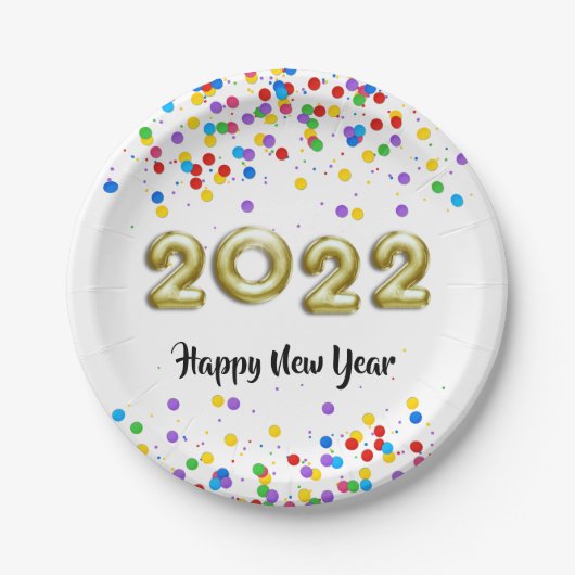 Gold New Year 2022 Balloons farbenfrohe Confetti Pappteller (Vorderseite)