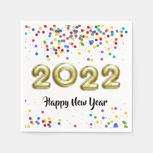 Gold New Year 2022 Balloons farbenfrohe Confetti Serviette (Vorderseite)