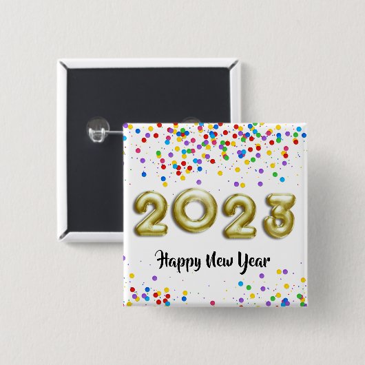 Gold New Year 2023 Balloons farbenfrohe Confetti Button (Vorne & Hinten)