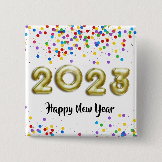 Gold New Year 2023 Balloons farbenfrohe Confetti Button (Vorderseite)
