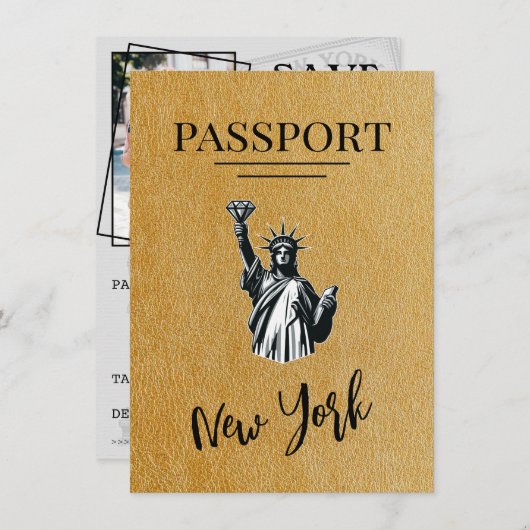 Gold New York City Passport Save the Date (Vorne/Hinten)