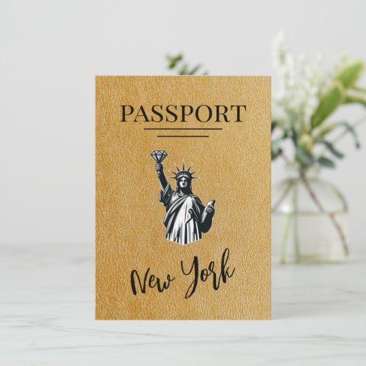 Gold New York City Passport Save the Date (Stehend Vorderseite)