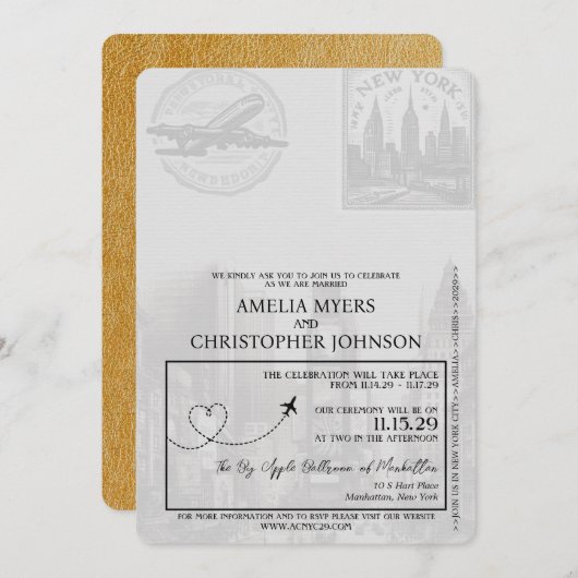 Gold New York City Passport Wedding Einladung (Vorne/Hinten)